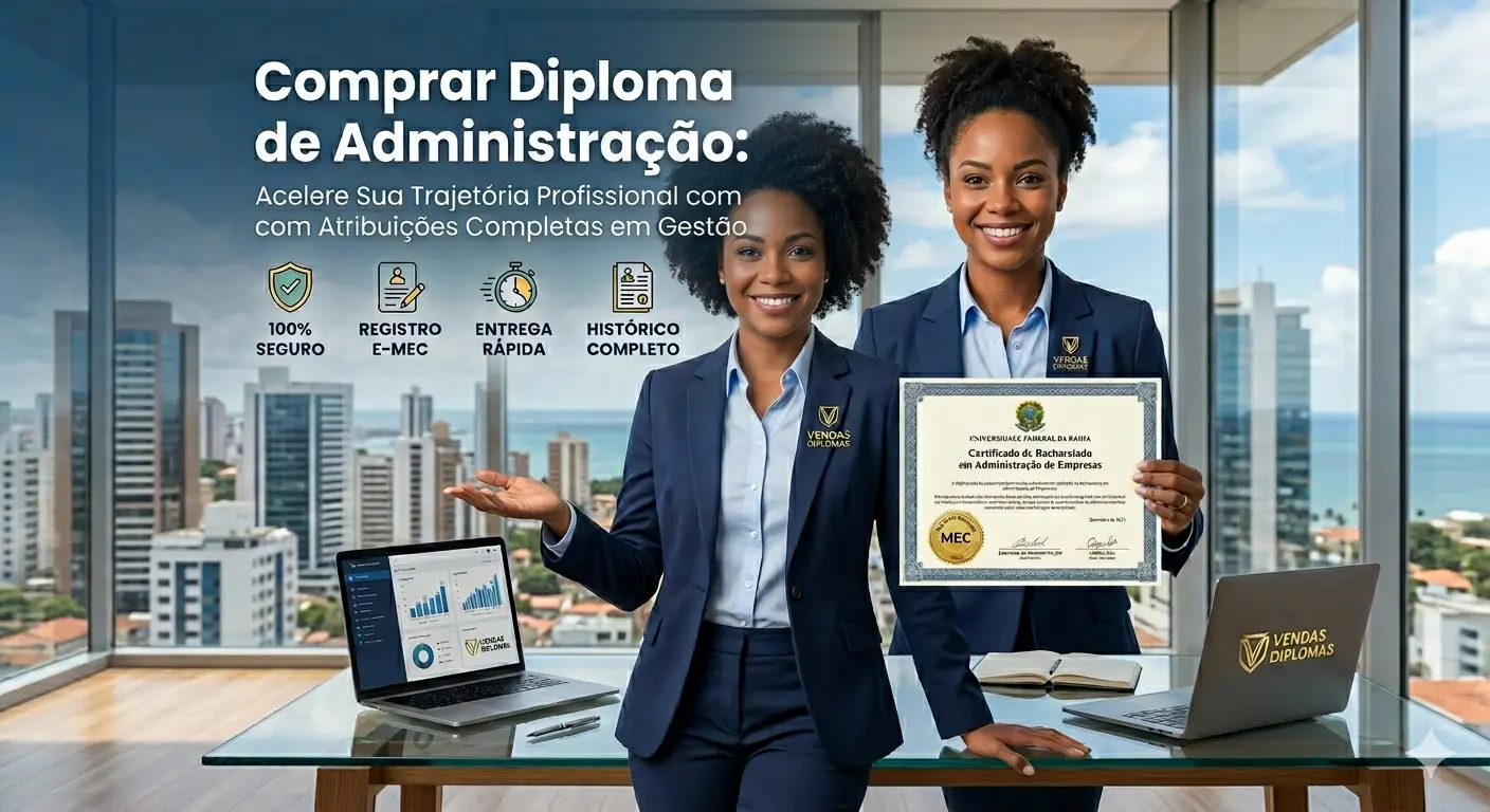 Banner de alta autoridade para a página de Administração da Vendas Diplomas. Duas executivas sorridentes em um escritório de luxo com vista panorâmica para um centro financeiro. Uma delas segura um diploma oficial com o selo dourado "Reconhecido MEC". No topo, o título em destaque: "Comprar Diploma de Administração: Acelere Sua Trajetória Profissional com Atribuições Completas em Gestão". O layout moderno apresenta os ícones de confiança: "100% SEGURO", "REGISTRO E-MEC", "ENTREGA RÁPIDA" e "HISTÓRICO COMPLETO". Notebooks com gráficos de crescimento e o logotipo da Vendas Diplomas reforçam o ambiente de sucesso corporativo.
