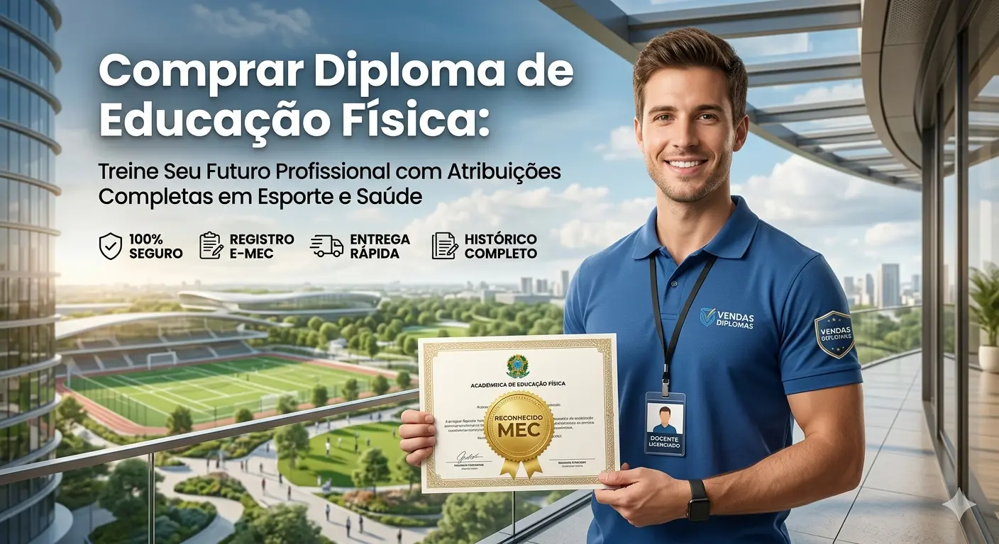 Banner de alta autoridade para a página de Educação Física da Vendas Diplomas. À direita, um profissional de educação física sorridente, vestindo camisa polo azul com a marca da empresa, segura um diploma oficial com o selo dourado "Reconhecido MEC". No topo, o título em destaque: "Comprar Diploma de Educação Física: Treine Seu Futuro Profissional com Atribuições Completas em Esporte e Saúde". O design moderno inclui ícones de "100% SEGURO", "REGISTRO E-MEC", "ENTREGA RÁPIDA" e "HISTÓRICO COMPLETO". Ao fundo, um complexo esportivo moderno com estádio e quadras ao ar livre reforça a atuação prática e o dinamismo da profissão.