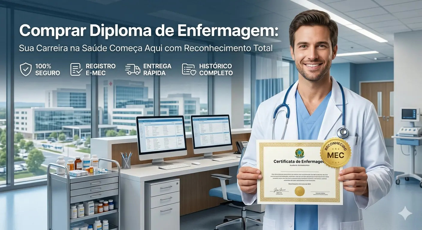 Banner de alta credibilidade para a página de Enfermagem da Vendas Diplomas. À direita, um enfermeiro sorridente vestindo jaleco branco e estetoscópio segura um diploma oficial com o selo dourado "Reconhecido MEC". No topo, o título em destaque: "Comprar Diploma de Enfermagem: Sua Carreira na Saúde Começa Aqui com Reconhecimento Total". O design institucional inclui os ícones: "100% SEGURO", "REGISTRO E-MEC", "ENTREGA RÁPIDA" e "HISTÓRICO COMPLETO". Ao fundo, um moderno posto de enfermagem hospitalar com computadores e vista para um complexo de saúde, transmitindo profissionalismo e prontidão.