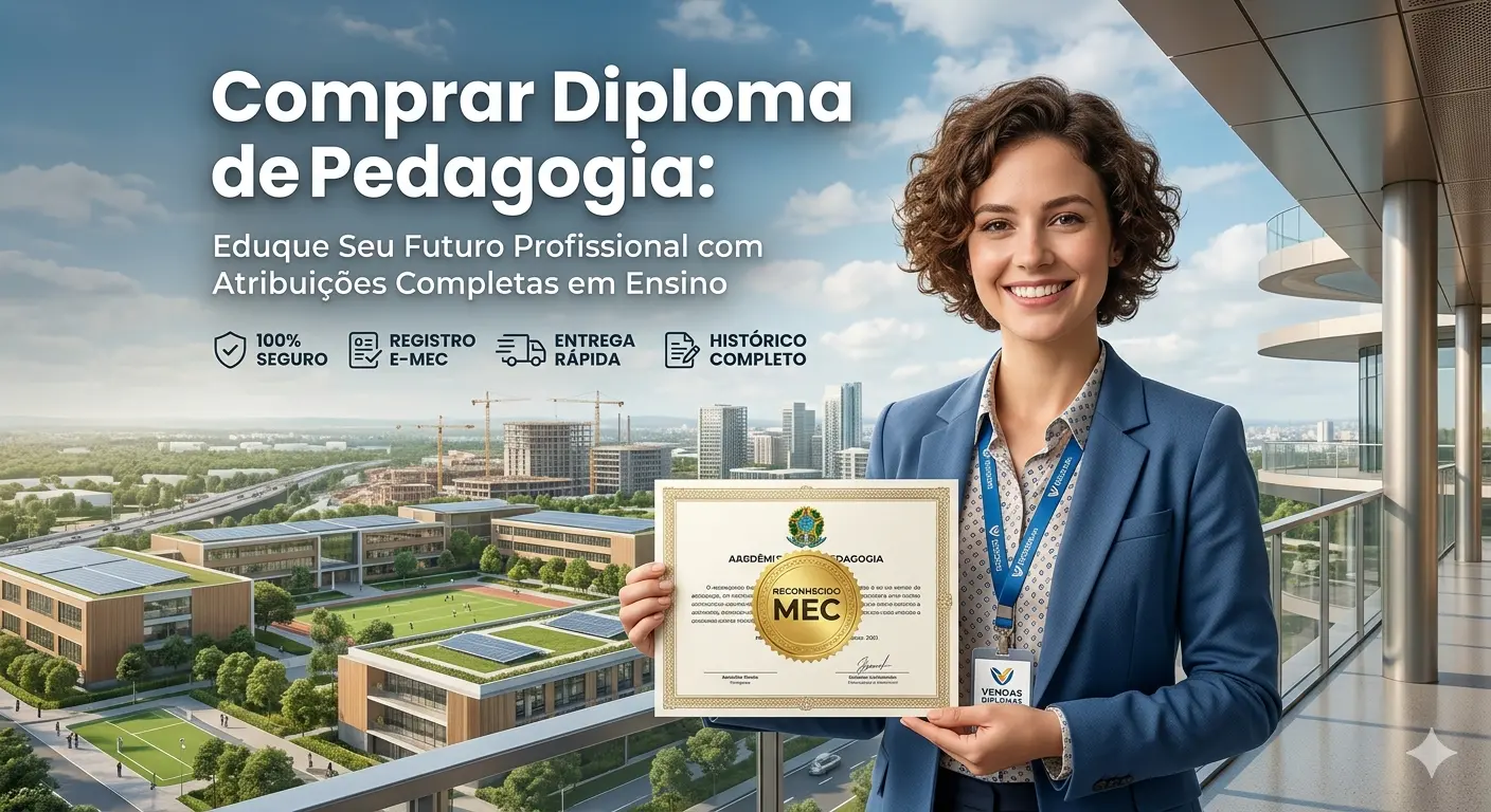 Banner profissional para a página de Pedagogia da Vendas Diplomas. À direita, uma pedagoga sorridente e confiante segura um diploma oficial com o selo dourado "Reconhecido MEC". No topo, o título em destaque: "Comprar Diploma de Pedagogia: Eduque Seu Futuro Profissional com Atribuições Completas em Ensino". O design moderno apresenta os ícones de segurança: "100% SEGURO", "REGISTRO E-MEC", "ENTREGA RÁPIDA" e "HISTÓRICO COMPLETO". Ao fundo, a vista de um campus universitário moderno e arborizado reforça a autoridade no setor educacional e a formação acadêmica sólida.