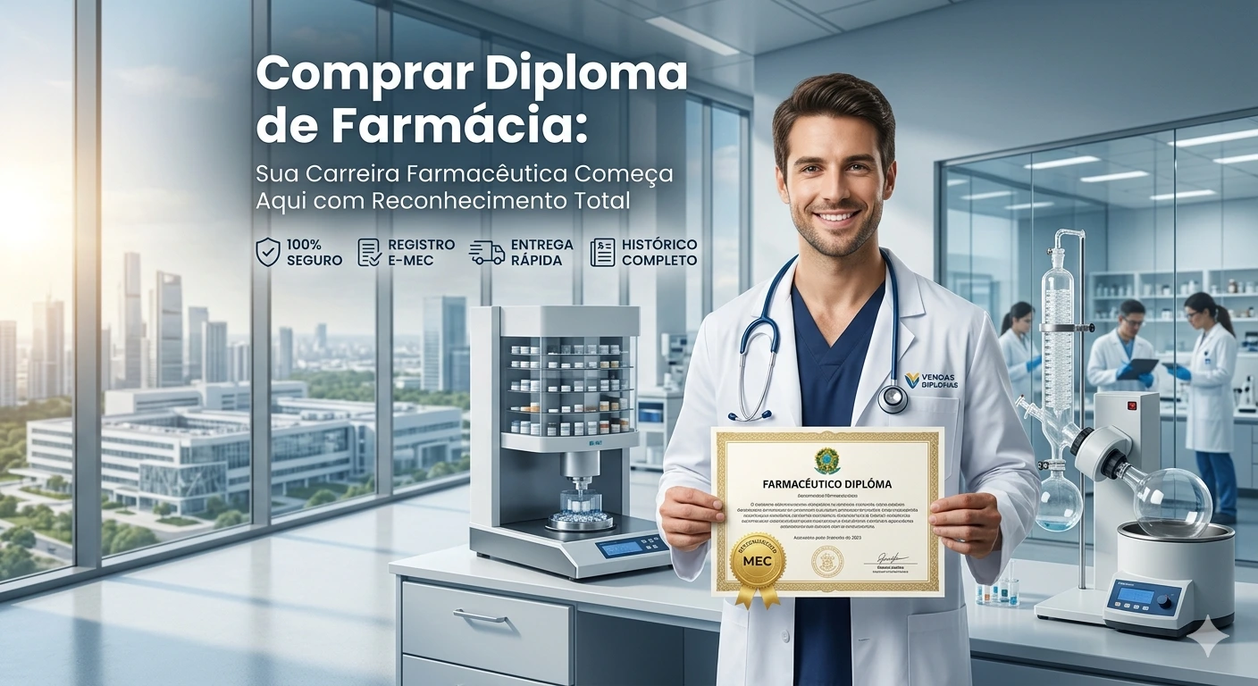 Banner de alta autoridade para a página de Farmácia da Vendas Diplomas. À direita, um farmacêutico sorridente vestindo jaleco branco e estetoscópio segura um diploma oficial com o selo dourado "Reconhecido MEC". No topo, o título em destaque: "Comprar Diploma de Farmácia: Sua Carreira Farmacêutica Começa Aqui com Reconhecimento Total". O design inclui os ícones estratégicos: "100% SEGURO", "REGISTRO E-MEC", "ENTREGA RÁPIDA" e "HISTÓRICO COMPLETO". Ao fundo, um laboratório farmacêutico moderno com equipamentos de precisão e uma vista urbana reforçam o prestígio e a seriedade da profissão na área da saúde.