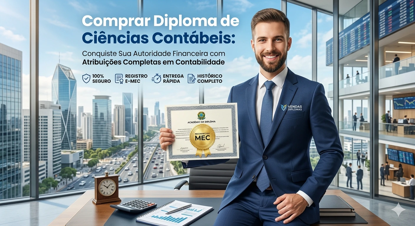 Aqui está o texto alternativo (Alt Text) otimizado para o seu blog, com foco total em autoridade financeira, registro no CRC e conversão: Banner profissional de alta credibilidade para a página de Ciências Contábeis da Vendas Diplomas. À direita, um contador sorridente em traje executivo segura um diploma oficial com o selo dourado "Reconhecido MEC". No topo, o título em destaque: "Comprar Diploma de Ciências Contábeis: Conquiste Sua Autoridade Financeira com Atribuições Completas em Contabilidade". O design moderno inclui ícones de "100% SEGURO", "REGISTRO E-MEC", "ENTREGA RÁPIDA" e "HISTÓRICO COMPLETO". Ao fundo, um escritório de alto padrão com vista para um centro empresarial e uma calculadora sobre a mesa reforçam o ambiente técnico e corporativo.