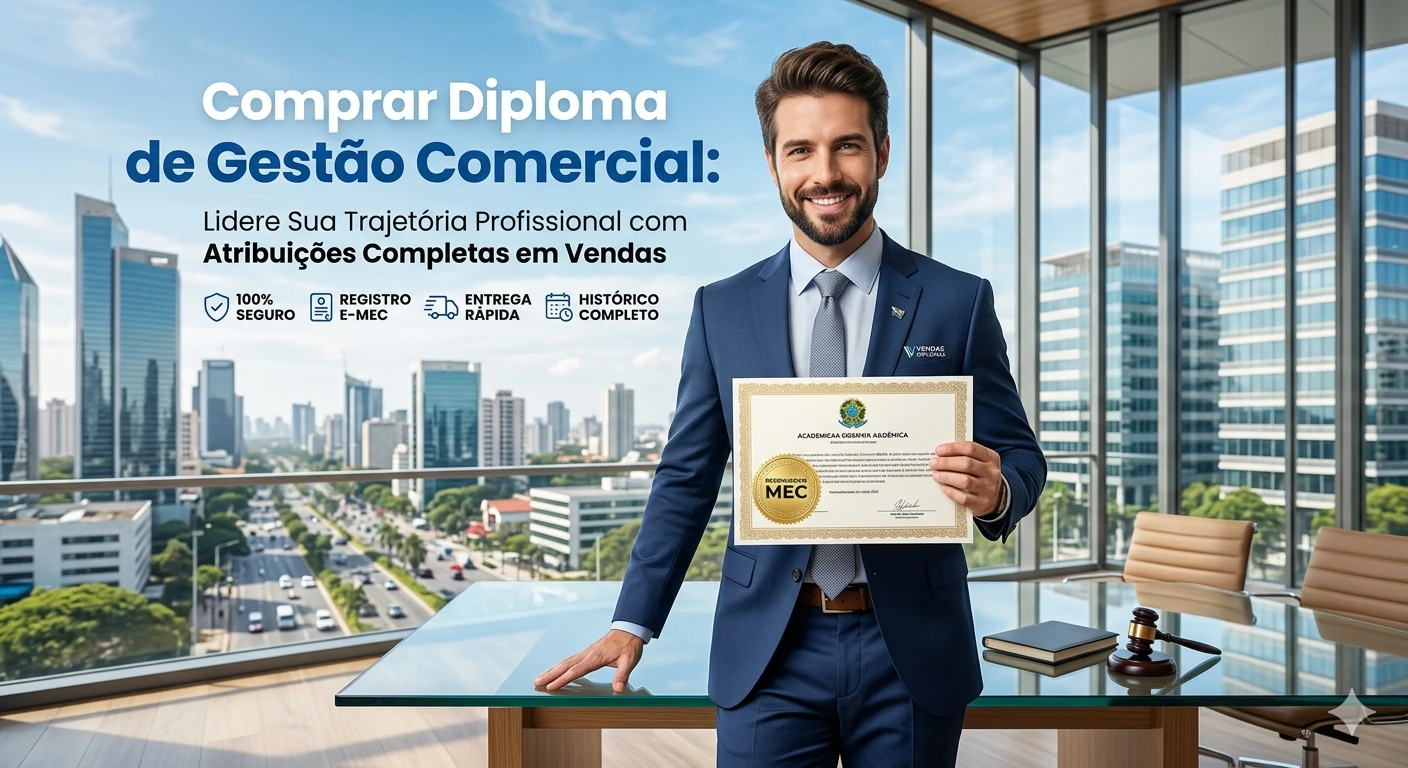 Banner de alta autoridade para a página de Gestão Comercial da Vendas Diplomas. Um executivo sorridente em um escritório de luxo com vista panorâmica para um centro financeiro segura um diploma oficial com selo dourado "Reconhecido MEC". No topo, o título em destaque: "Comprar Diploma de Gestão Comercial: Lidere Sua Trajetória Profissional com Atribuições Completas em Vendas". O layout moderno apresenta os ícones de confiança: "100% SEGURO", "REGISTRO E-MEC", "ENTREGA RÁPIDA" e "HISTÓRICO COMPLETO". O cenário corporativo com prédios modernos ao fundo reforça o prestígio e o sucesso na carreira executiva.