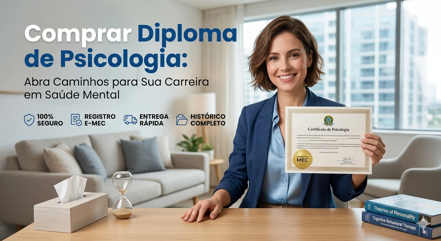 Banner profissional para a página de Psicologia da Vendas Diplomas. À direita, uma psicóloga sorridente e acolhedora, vestindo blazer azul, segura um diploma oficial com o selo dourado "Reconhecido MEC". À esquerda, o título em destaque: "Comprar Diploma de Psicologia: Abra Caminhos para Sua Carreira em Saúde Mental". O design limpo inclui ícones de "100% SEGURO", "REGISTRO E-MEC", "ENTREGA RÁPIDA" e "HISTÓRICO COMPLETO". O cenário ao fundo é um consultório terapêutico moderno e confortável, com poltronas, uma ampulheta e livros sobre teorias da personalidade, transmitindo serenidade e ética profissional.