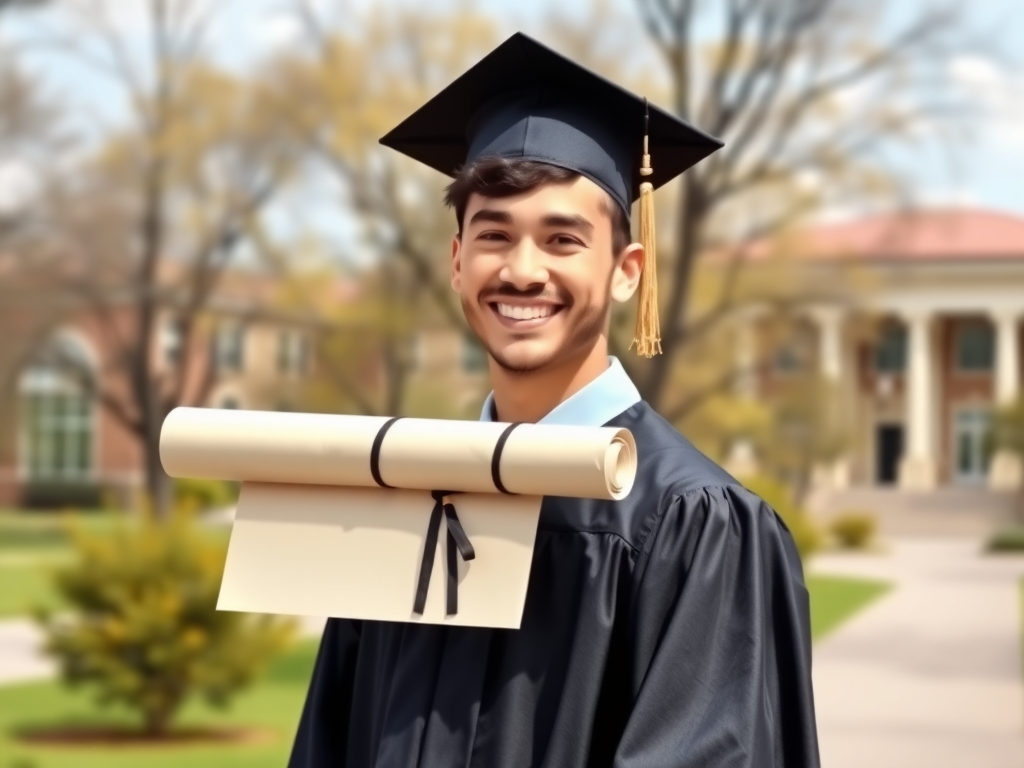 Imagem de diploma e aluno avisando sobre onde comprar seu diploma