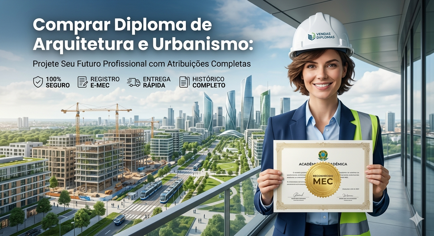 Aqui está o texto alternativo (Alt Text) otimizado para o seu blog, focado na estética do design e na autoridade técnica necessária para o registro no CAU: Banner de alta sofisticação para a página de Arquitetura e Urbanismo da Vendas Diplomas. À direita, uma arquiteta sorridente, vestindo blazer azul e capacete branco personalizado, segura um diploma oficial com selo dourado "Reconhecido MEC". À esquerda, o título em destaque: "Comprar Diploma de Arquitetura e Urbanismo: Projete Seu Futuro Profissional com Atribuições Completas". O design inclui ícones de "100% SEGURO", "REGISTRO E-MEC", "ENTREGA RÁPIDA" e "HISTÓRICO COMPLETO". Ao fundo, uma vista panorâmica de uma metrópole moderna com edifícios contemporâneos e um canteiro de obras organizado, unindo o conceito de projeto e execução.