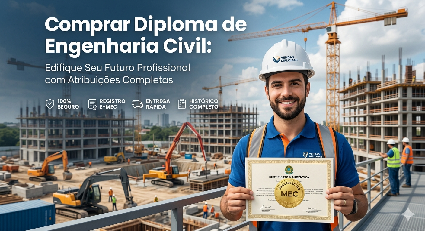 Banner de alta autoridade para a página de Engenharia Civil da Vendas Diplomas. Um engenheiro sorridente usando capacete branco com o logo da empresa segura um diploma oficial com selo dourado "Reconhecido MEC". Ao fundo, um grande canteiro de obras com prédios em construção e guindastes, simbolizando a atuação profissional. No topo, o título: "Comprar Diploma de Engenharia Civil: Edifique Seu Futuro Profissional com Atribuições Completas". Abaixo, ícones de confiança destacam: "100% SEGURO", "REGISTRO E-MEC", "ENTREGA RÁPIDA" e "HISTÓRICO COMPLETO".