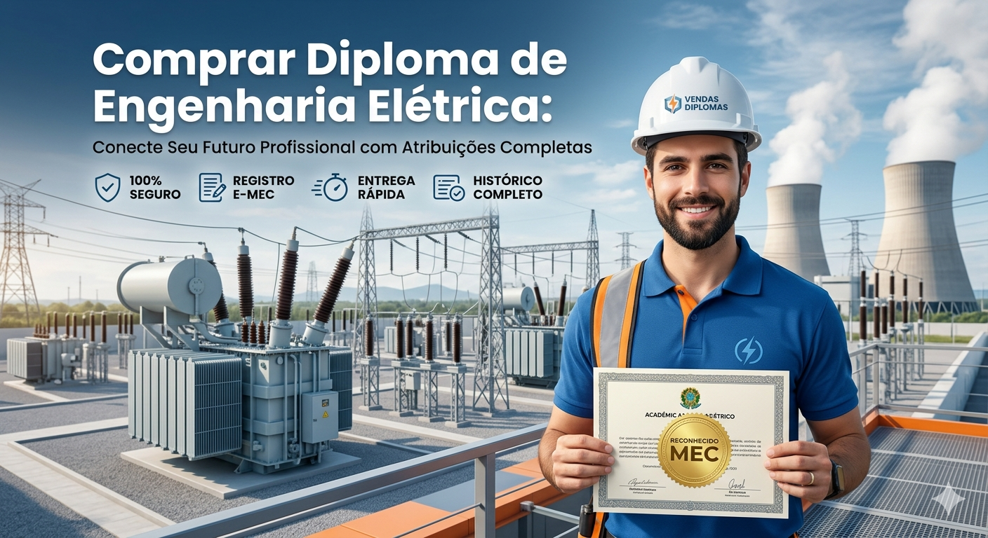 Banner de alta conversão para a página de Engenharia Elétrica da Vendas Diplomas. Um engenheiro eletricista sorridente usando capacete branco segura um diploma oficial com o selo dourado "Reconhecido MEC". À esquerda, o título principal: "Comprar Diploma de Engenharia Elétrica: Conecte Seu Futuro Profissional com Atribuições Completas". O design inclui ícones estratégicos de "100% SEGURO", "REGISTRO E-MEC", "ENTREGA RÁPIDA" e "HISTÓRICO COMPLETO". Ao fundo, uma subestação de energia e torres de resfriamento de uma usina reforçam a autoridade e o ambiente profissional do setor elétrico.