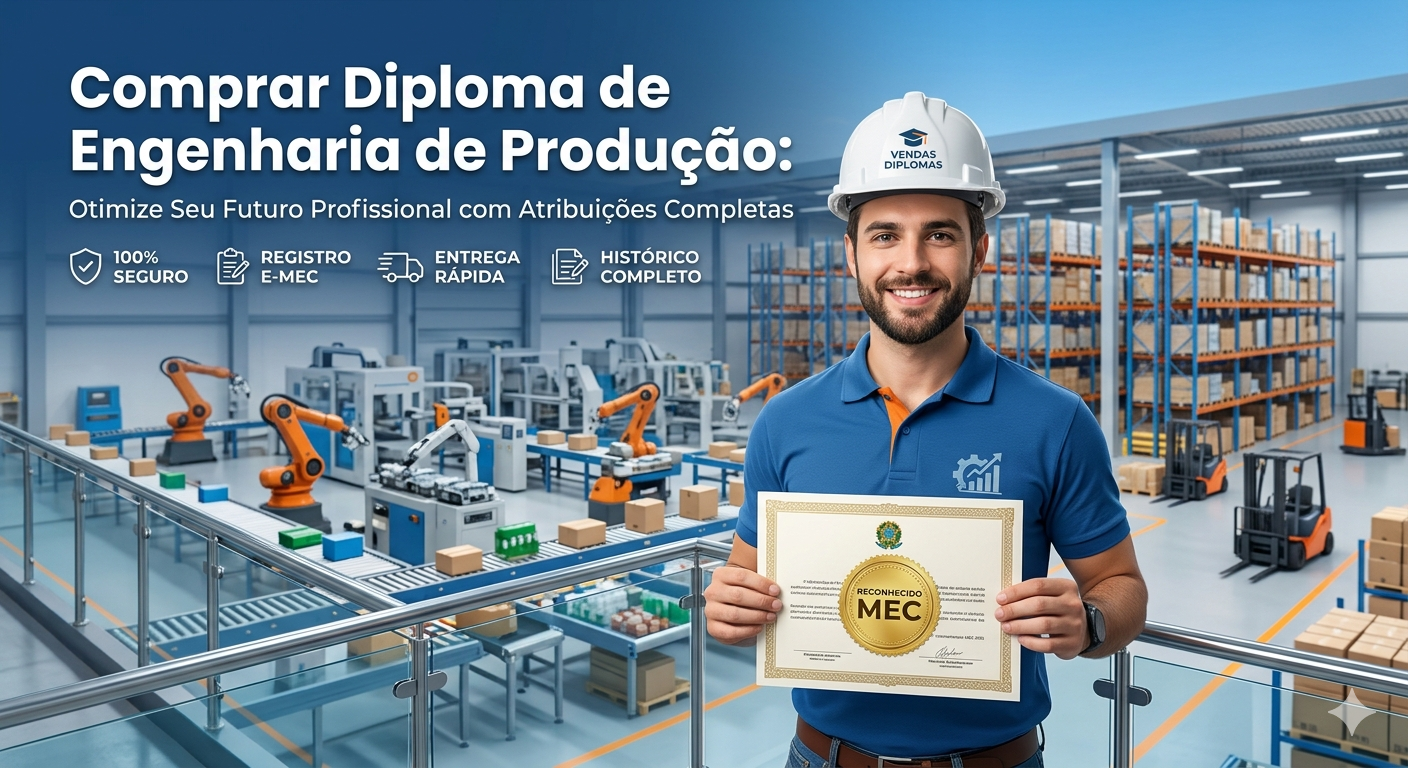 Banner de alta performance para a página de Engenharia de Produção da Vendas Diplomas. À direita, um engenheiro de produção sorridente, usando capacete branco com a marca da empresa, segura um diploma oficial com selo dourado "Reconhecido MEC". À esquerda, o título em destaque: "Comprar Diploma de Engenharia de Produção: Otimize Seu Futuro Profissional com Atribuições Completas". O design apresenta ícones de "100% SEGURO", "REGISTRO E-MEC", "ENTREGA RÁPIDA" e "HISTÓRICO COMPLETO". Ao fundo, uma linha de produção automatizada com braços robóticos e sistemas de logística, representando a eficiência e o gerenciamento de processos.