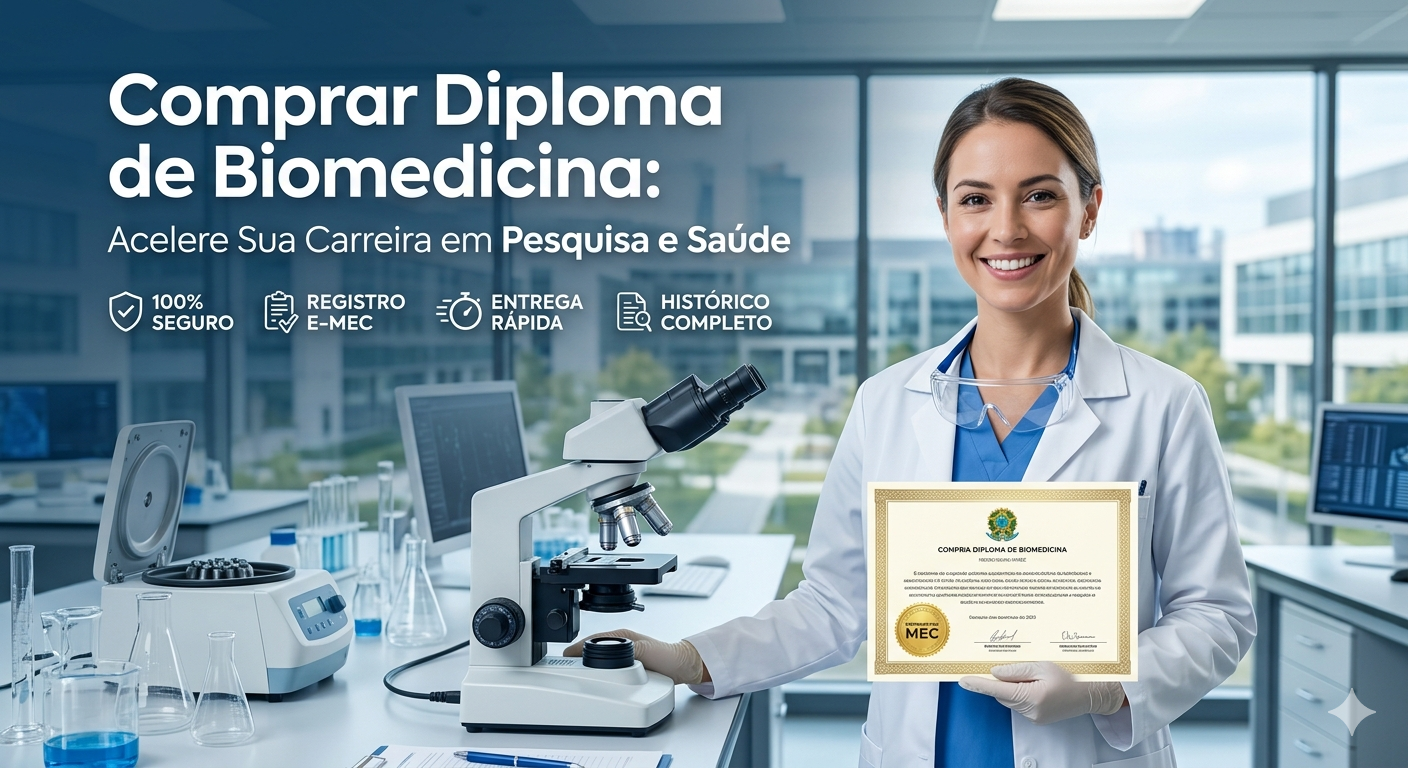 Banner de alta conversão para a página de Biomedicina da Vendas Diplomas. Uma biomédica sorridente em um laboratório moderno de última geração segura um diploma oficial com o selo dourado "Reconhecido MEC". À esquerda, o título principal: "Comprar Diploma de Biomedicina: Acelere Sua Carreira em Pesquisa e Saúde". O design inclui ícones estratégicos de "100% SEGURO", "REGISTRO E-MEC", "ENTREGA RÁPIDA" e "HISTÓRICO COMPLETO". Ao fundo, microscópios, centrífugas e equipamentos de análise reforçam a autoridade e o ambiente profissional da área.