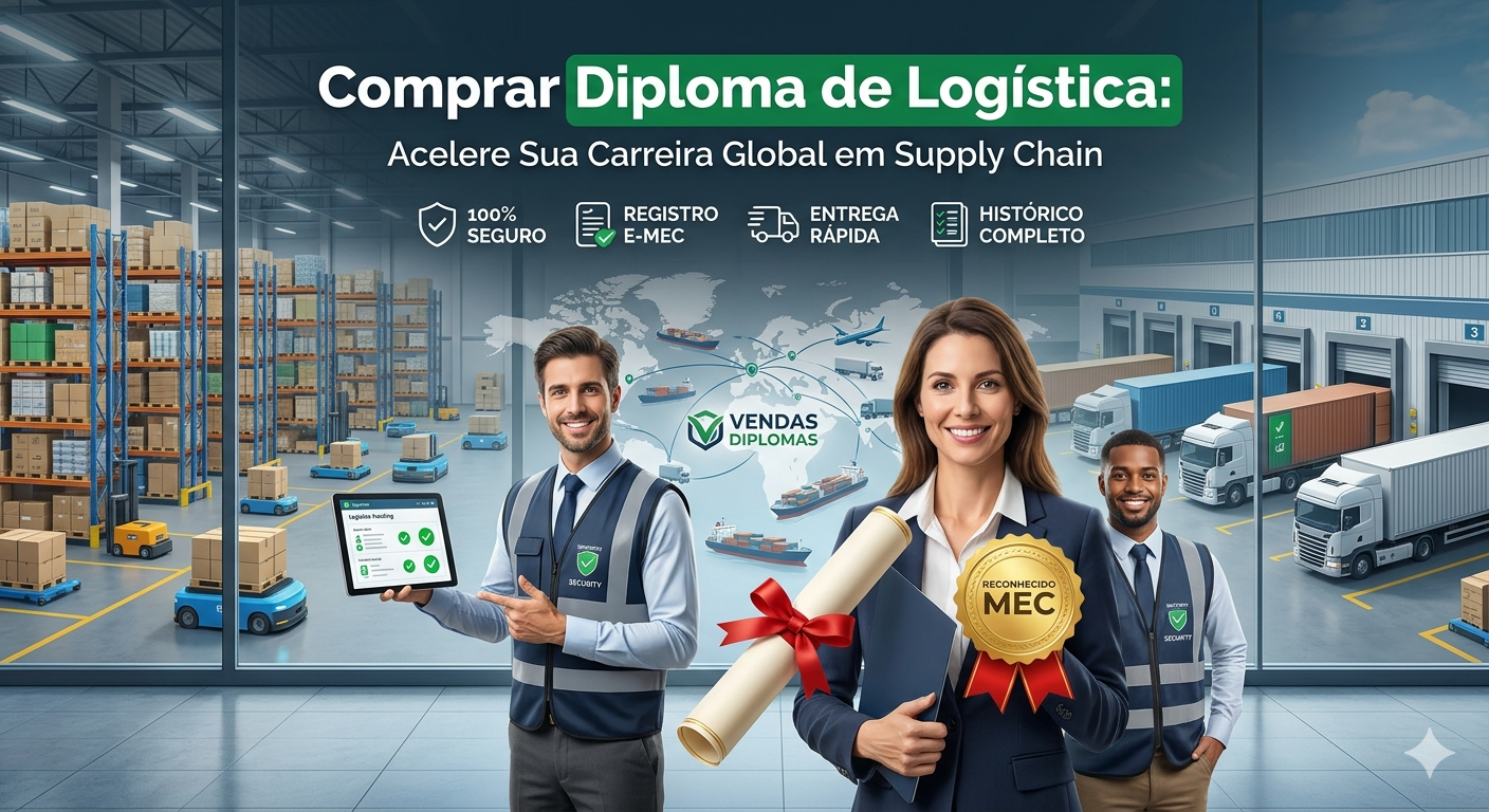 Banner profissional para a página de Logística da Vendas Diplomas. No centro, uma especialista em Supply Chain sorridente segura um diploma com selo dourado "Reconhecido MEC". À esquerda, um profissional aponta para um tablet exibindo o status de documentação aprovada. Ao fundo, um moderno centro de distribuição com frotas de caminhões e um mapa global de rotas de carga. O topo traz o título "Comprar Diploma de Logística: Acelere Sua Carreira Global em Supply Chain", acompanhado dos selos de "100% SEGURO", "REGISTRO E-MEC", "ENTREGA RÁPIDA" e "HISTÓRICO COMPLETO".