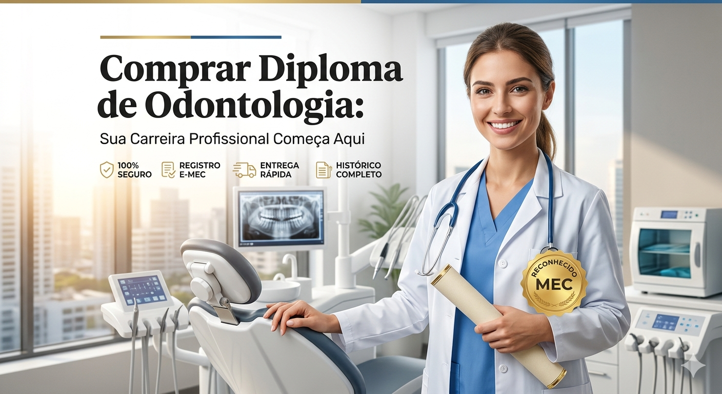 Banner profissional para a página de Odontologia da Vendas Diplomas. À direita, uma dentista sorridente em seu consultório segura um diploma oficial com selo dourado "Reconhecido MEC". À esquerda, o título em destaque: "Comprar Diploma de Odontologia: Sua Carreira Profissional Começa Aqui". Abaixo, ícones de confiança reforçam os diferenciais: "100% SEGURO", "REGISTRO E-MEC", "ENTREGA RÁPIDA" e "HISTÓRICO COMPLETO". O cenário inclui equipamentos odontológicos modernos e uma radiografia panorâmica ao fundo, transmitindo seriedade e legitimidade.