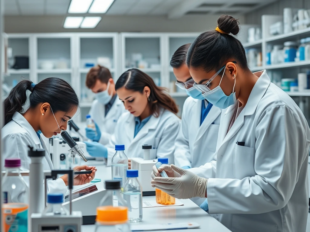 Imagem de grupo de biomédicos com jalecos e máscaras