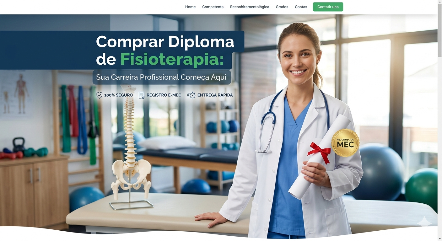 Banner de destaque para página de Fisioterapia da Vendas Diplomas. À direita, uma fisioterapeuta sorridente segura um diploma reconhecido pelo MEC. Ao fundo, uma clínica moderna com equipamentos de reabilitação. À esquerda, um bloco de texto com o título "Comprar Diploma de Fisioterapia: Sua Carreira Profissional Começa Aqui", acompanhado dos ícones de "100% SEGURO", "REGISTRO E-MEC" e "ENTREGA RÁPIDA". O design transmite profissionalismo, segurança e agilidade.