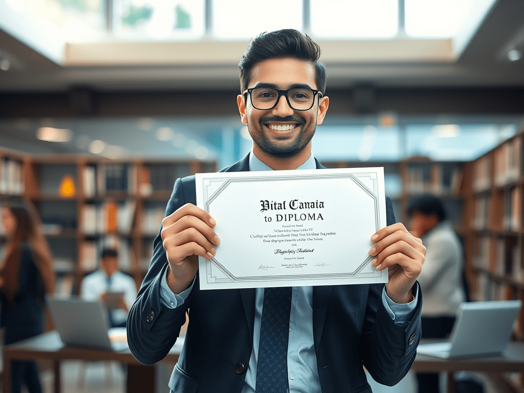 Foto, homem que recebeu o diploma superior por competência