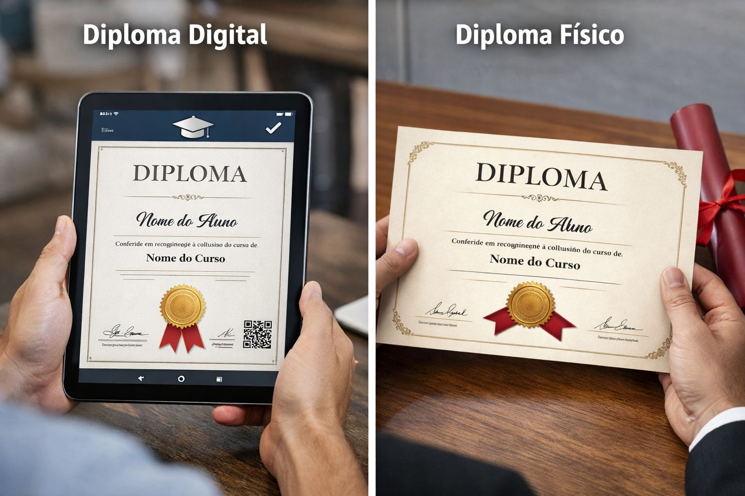 Comparativo entre diploma digital XML e físico em papel moeda com registro oficial