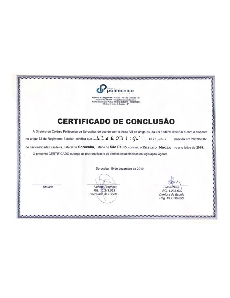 Diploma de ensino médio original e registrado com histórico escolar completo 